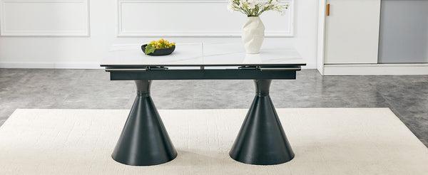 English Elm Extendable Marble Top Rectangular Dining Table Seats 4 to 8 with Tapered Metal Legs Black/White W1512S00257