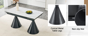 English Elm Extendable Marble Top Rectangular Dining Table Seats 4 to 8 with Tapered Metal Legs Black/White W1512S00257