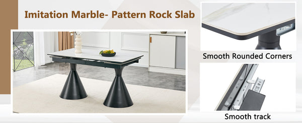 English Elm Extendable Marble Top Rectangular Dining Table Seats 4 to 8 with Tapered Metal Legs Black/White W1512S00257