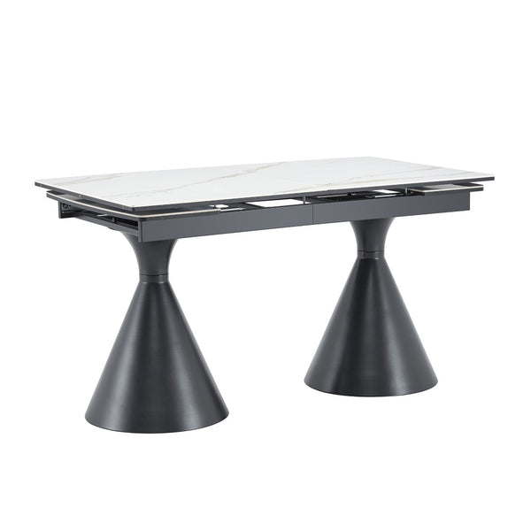 English Elm Extendable Marble Top Rectangular Dining Table Seats 4 to 8 with Tapered Metal Legs Black/White W1512S00257