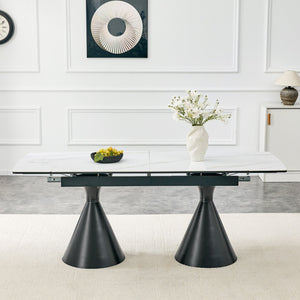 English Elm Extendable Marble Top Rectangular Dining Table Seats 4 to 8 with Tapered Metal Legs Black/White W1512S00257