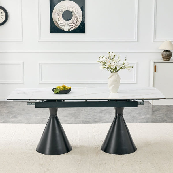 English Elm Extendable Marble Top Rectangular Dining Table Seats 4 to 8 with Tapered Metal Legs Black/White W1512S00257