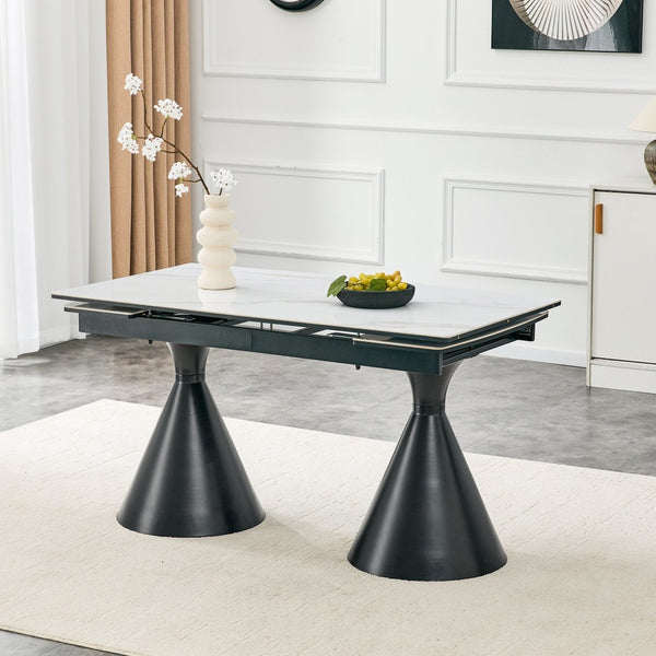 English Elm Extendable Marble Top Rectangular Dining Table Seats 4 to 8 with Tapered Metal Legs Black/White W1512S00257