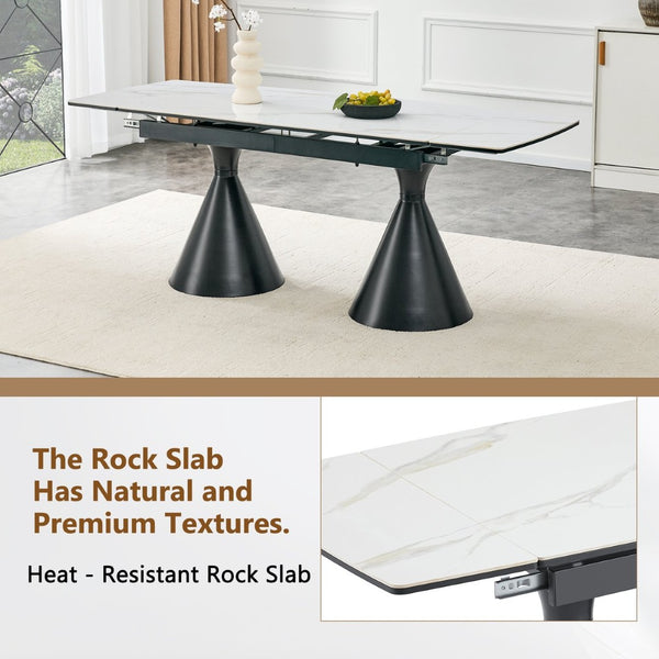English Elm Extendable Marble Top Rectangular Dining Table Seats 4 to 8 with Tapered Metal Legs Black/White W1512S00257
