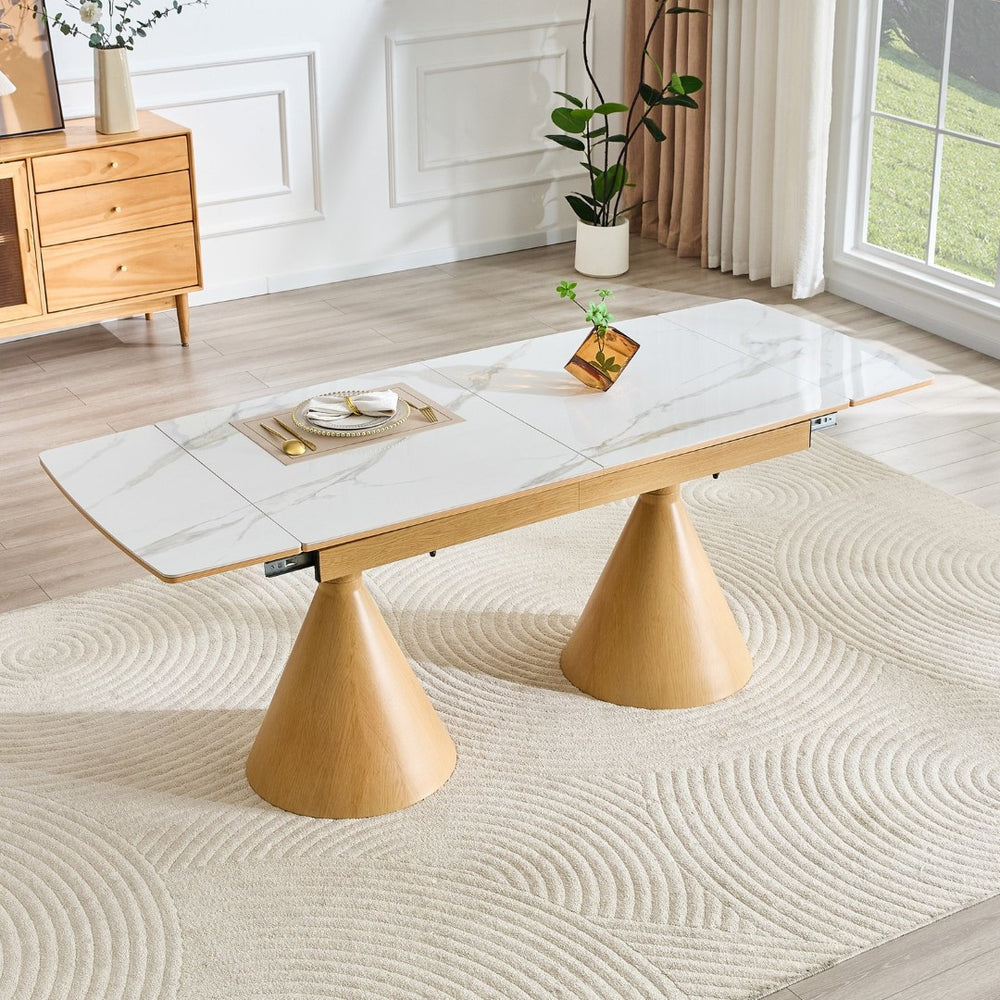 English Elm Extendable Marble Top Rectangular Dining Table Seats 4 to 8 with Tapered Metal Legs White/Wood W1512S00258
