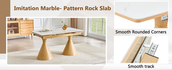 English Elm Extendable Marble Top Rectangular Dining Table Seats 4 to 8 with Tapered Metal Legs White/Wood W1512S00258
