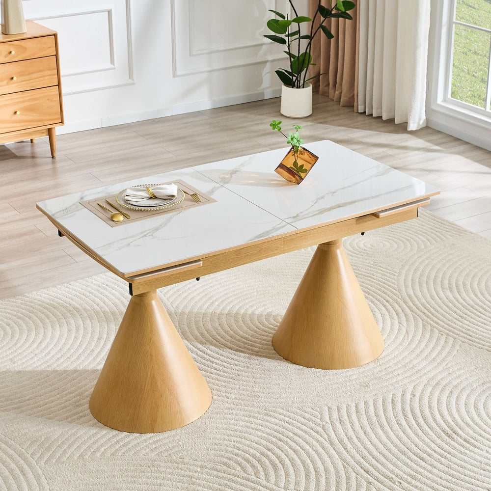 English Elm Extendable Marble Top Rectangular Dining Table Seats 4 to 8 with Tapered Metal Legs White/Wood W1512S00258