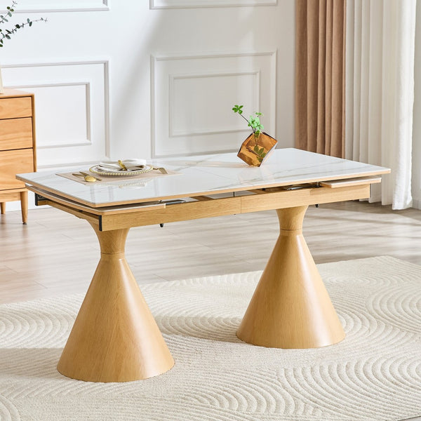 English Elm Extendable Marble Top Rectangular Dining Table Seats 4 to 8 with Tapered Metal Legs White/Wood W1512S00258