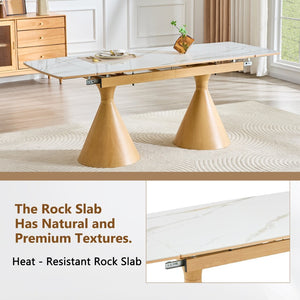 English Elm Extendable Marble Top Rectangular Dining Table Seats 4 to 8 with Tapered Metal Legs White/Wood W1512S00258