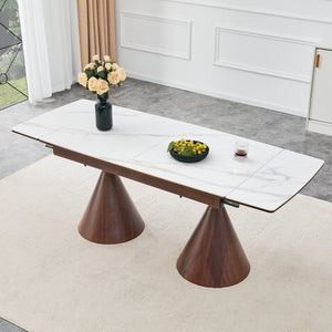 English Elm Extendable Marble Top Dining Table Seats 8 with Walnut Tapered Legs Modern Luxe W1512S00259