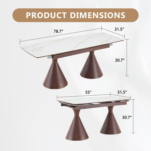 English Elm Extendable Marble Top Dining Table Seats 8 with Walnut Tapered Legs Modern Luxe W1512S00259