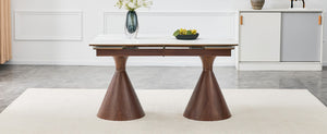 English Elm Extendable Marble Top Dining Table Seats 8 with Walnut Tapered Legs Modern Luxe W1512S00259