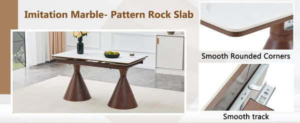 English Elm Extendable Marble Top Dining Table Seats 8 with Walnut Tapered Legs Modern Luxe W1512S00259