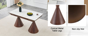English Elm Extendable Marble Top Dining Table Seats 8 with Walnut Tapered Legs Modern Luxe W1512S00259