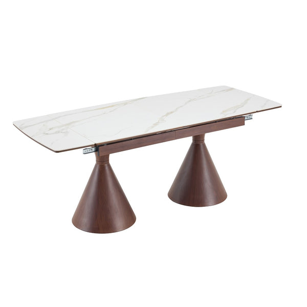 English Elm Extendable Marble Top Dining Table Seats 8 with Walnut Tapered Legs Modern Luxe W1512S00259
