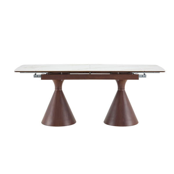 English Elm Extendable Marble Top Dining Table Seats 8 with Walnut Tapered Legs Modern Luxe W1512S00259