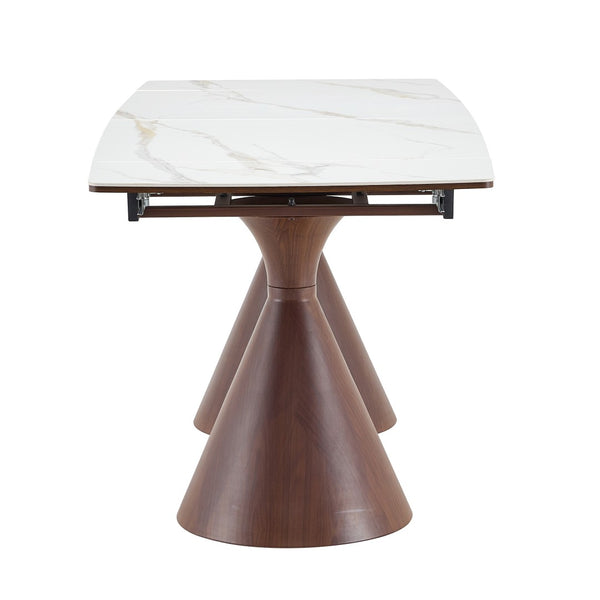 English Elm Extendable Marble Top Dining Table Seats 8 with Walnut Tapered Legs Modern Luxe W1512S00259