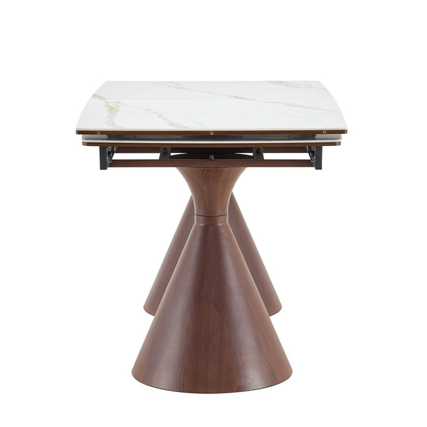 English Elm Extendable Marble Top Dining Table Seats 8 with Walnut Tapered Legs Modern Luxe W1512S00259