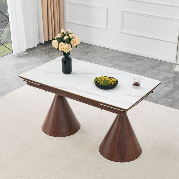 English Elm Extendable Marble Top Dining Table Seats 8 with Walnut Tapered Legs Modern Luxe W1512S00259