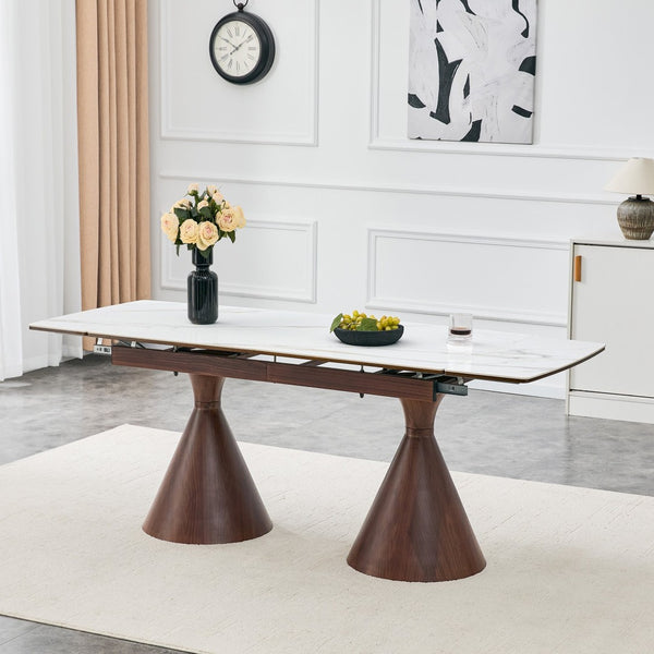 English Elm Extendable Marble Top Dining Table Seats 8 with Walnut Tapered Legs Modern Luxe W1512S00259