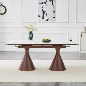 English Elm Extendable Marble Top Dining Table Seats 8 with Walnut Tapered Legs Modern Luxe W1512S00259