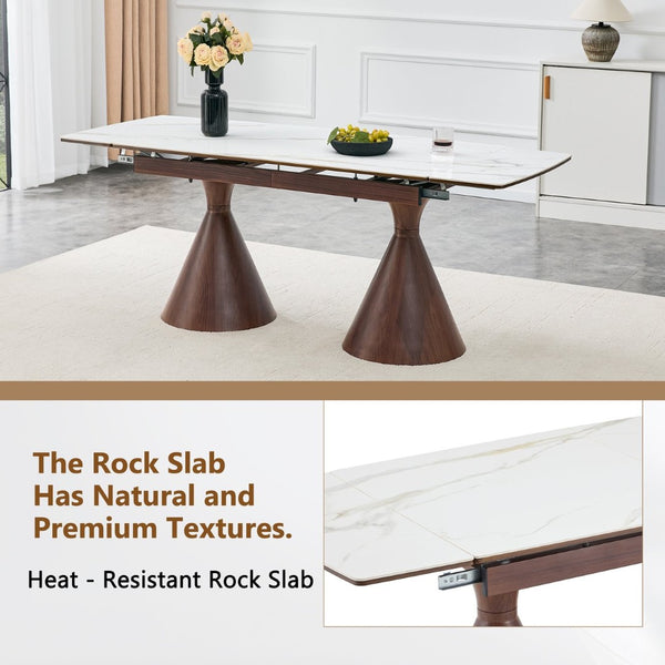 English Elm Extendable Marble Top Dining Table Seats 8 with Walnut Tapered Legs Modern Luxe W1512S00259