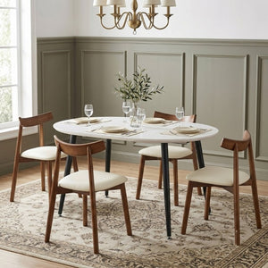 English Elm Pull up Extendable Round Dining Set White MDF Table Black Metal Legs Four Wood Chairs W1512S00261