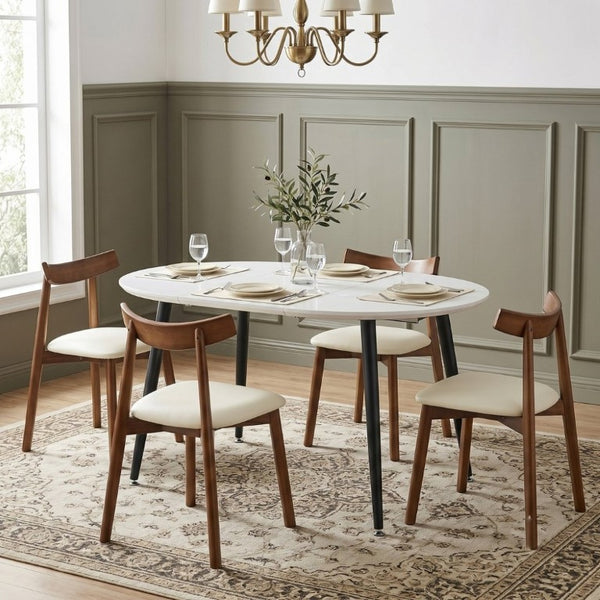 English Elm Pull up Extendable Round Dining Set White MDF Table Black Metal Legs Four Wood Chairs W1512S00261