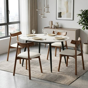 English Elm Pull up Extendable Round Dining Set White MDF Table Black Metal Legs Four Wood Chairs W1512S00261