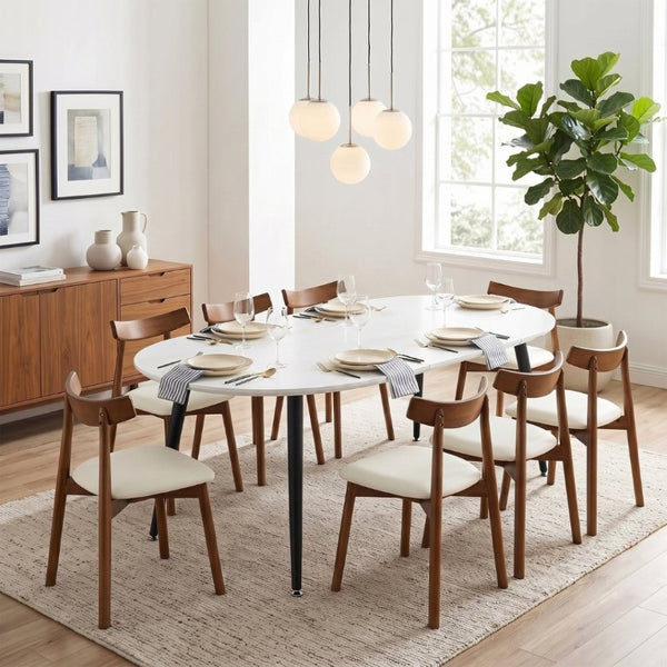 English Elm Pull up Extendable Round Dining Table Set with Eight Solid Wood Chairs Modern Style W1512S00262