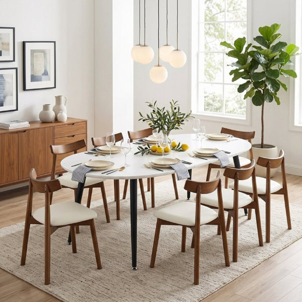 English Elm Pull up Extendable Round Dining Table Set with Eight Solid Wood Chairs Modern Style W1512S00262