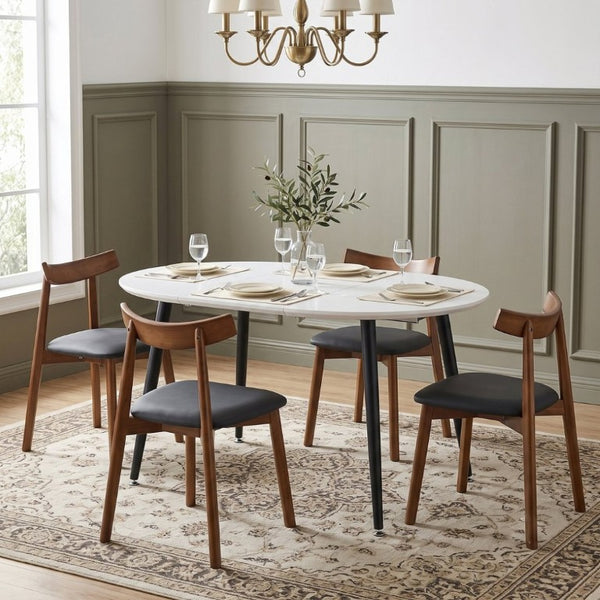 English Elm Pull up Extendable Round Dining Set White MDF Top Four Solid Wood Chairs Modern W1512S00263