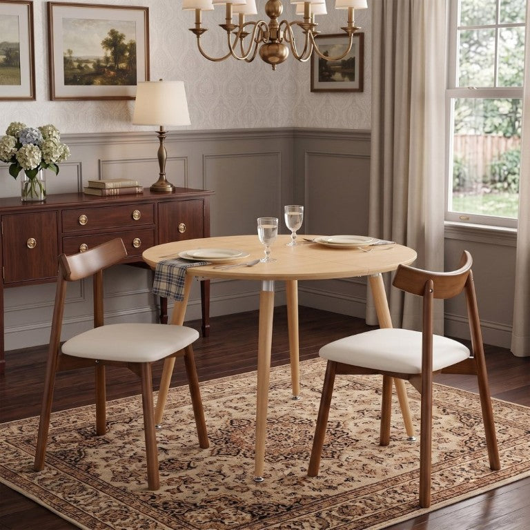 English Elm Pull up Extendable Round MDF Dining Set with Ergonomic Solid Wood Chairs for Modern Spaces Black/Walnut/Wood W1512S00269