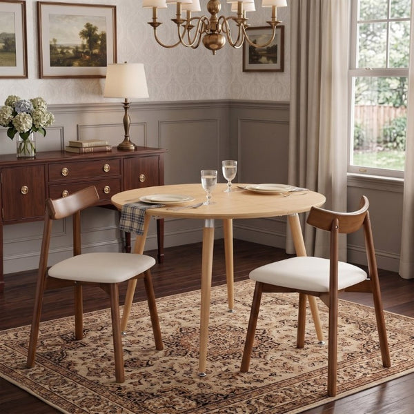 English Elm Pull up Extendable Round MDF Dining Set with Ergonomic Solid Wood Chairs for Modern Spaces Walnut/White/Wood W1512S00265