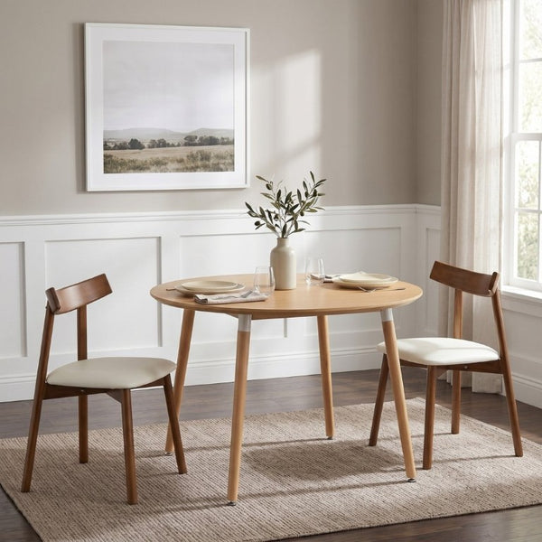 English Elm Pull up Extendable Round MDF Dining Set with Ergonomic Solid Wood Chairs for Modern Spaces Walnut/White/Wood W1512S00265