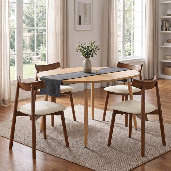 English Elm Pull Out Round Extendable Dining Set MDF Top Solid Wood Chairs Modern Minimalist Walnut/White W1512S00266