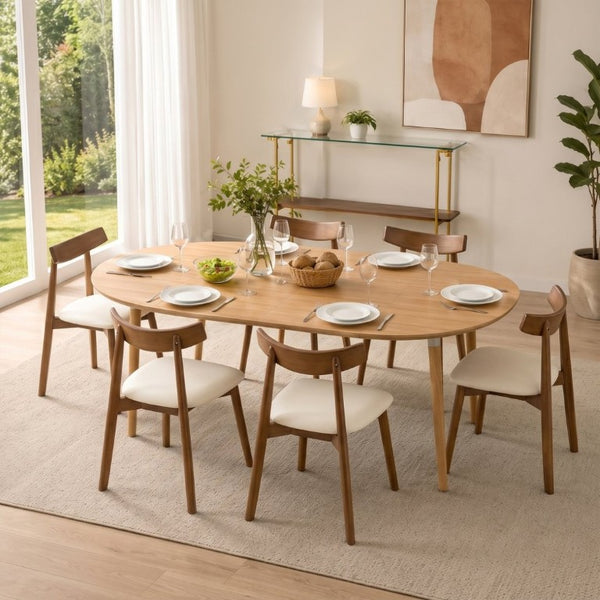 English Elm Pull up Round Extendable Dining Set with Six Solid Wood Chairs for Modern Spaces Walnut/White/Wood W1512S00267