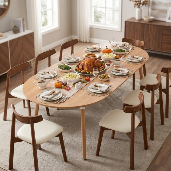 English Elm Pull Out Round Extendable Dining Set with Eight Upholstered Chairs for Modern Interiors Walnut/White/Wood W1512S00268