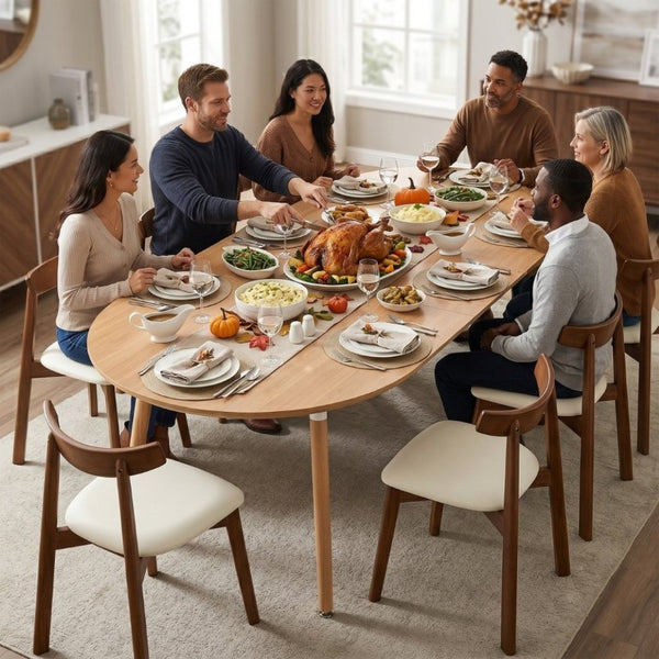 English Elm Pull Out Round Extendable Dining Set with Eight Upholstered Chairs for Modern Interiors Walnut/White/Wood W1512S00268