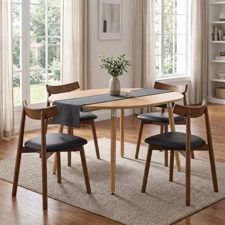English Elm Pull Out Round Extendable Dining Set MDF Top Solid Wood Chairs Modern Minimalist Walnut/Black W1512S00270
