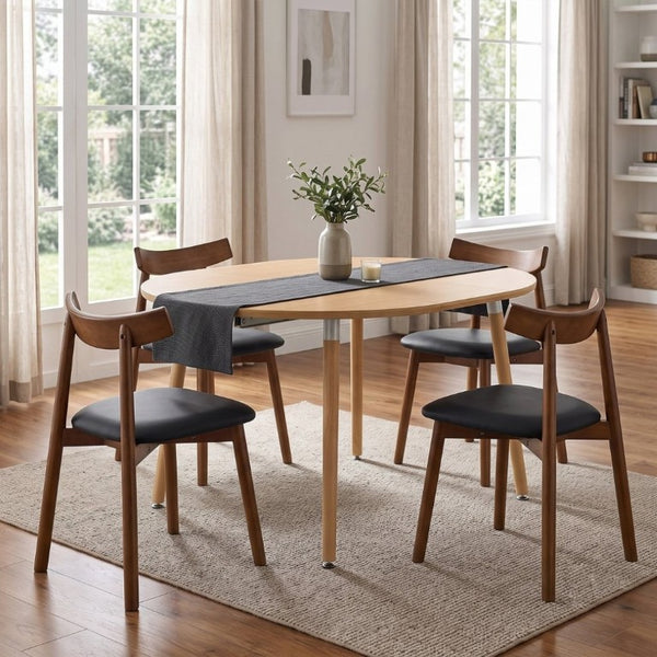 English Elm Pull Out Round Extendable Dining Set MDF Top Solid Wood Chairs Modern Minimalist Walnut/Black W1512S00270
