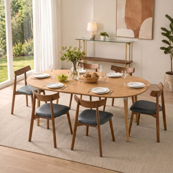 English Elm Pull up Round Extendable Dining Set with Six Solid Wood Chairs for Modern Spaces Black/Walnut/Wood W1512S00271