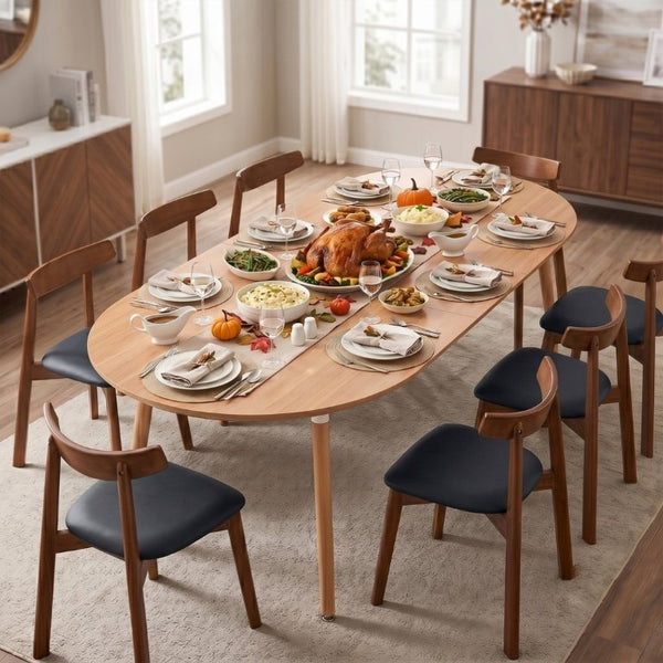 English Elm Pull Out Round Extendable Dining Set with Eight Upholstered Chairs for Modern Interiors Black/Walnut/Wood W1512S00272