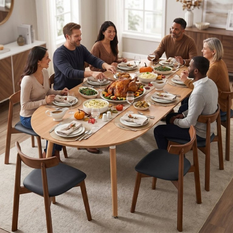 English Elm Pull Out Round Extendable Dining Set with Eight Upholstered Chairs for Modern Interiors Black/Walnut/Wood W1512S00272