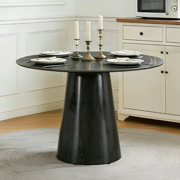 English Elm Round Stone Look Dining Table 42 Inch Sculptural Base Seats Six Modern Compact Design W1512S00273