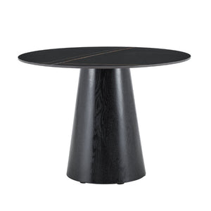 English Elm Round Stone Look Dining Table 42 Inch Sculptural Base Seats Six Modern Compact Design W1512S00273