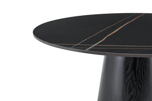 English Elm Round Stone Look Dining Table 42 Inch Sculptural Base Seats Six Modern Compact Design W1512S00273