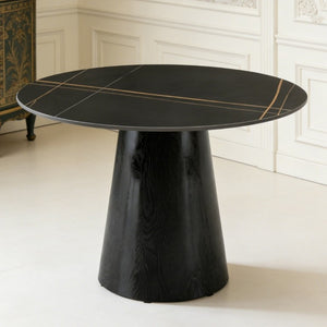 English Elm Round Stone Look Dining Table 42 Inch Sculptural Base Seats Six Modern Compact Design W1512S00273