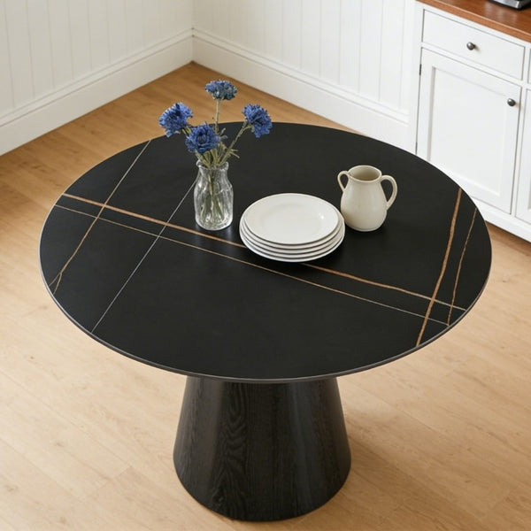 English Elm Round Stone Look Dining Table 42 Inch Sculptural Base Seats Six Modern Compact Design W1512S00273
