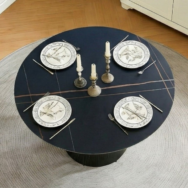 English Elm Round Stone Look Dining Table 42 Inch Sculptural Base Seats Six Modern Compact Design W1512S00273